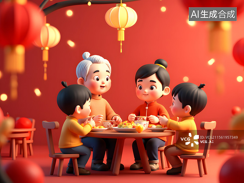 【AI数字艺术】春节年夜饭的一家人团聚插画图片素材