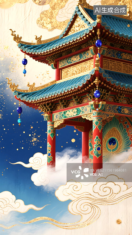 【AI数字艺术】3D空中金碧辉煌的宫殿，金色祥云围绕图片素材