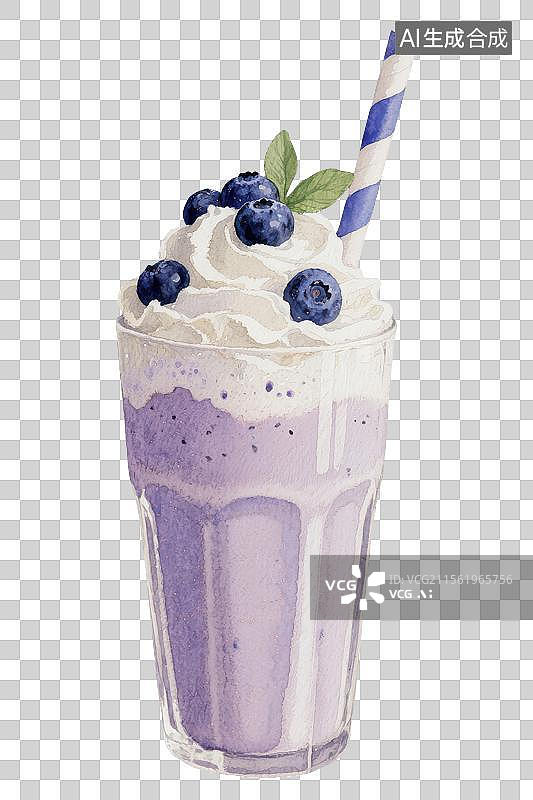 【AI数字艺术】蓝莓沙冰奶昔冰淇凌夏季饮品手绘插画免扣元素图片素材