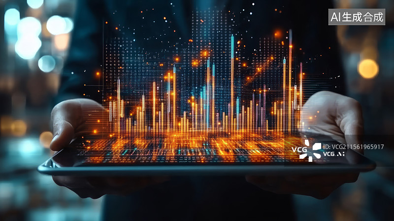 【AI数字艺术】商人拿着平板电脑金融股票数据走势全息投影图片素材