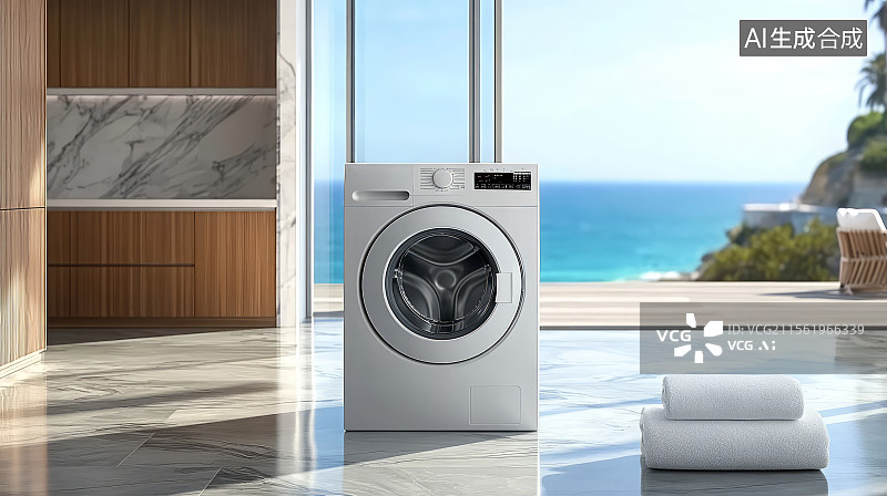 【AI数字艺术】现代海边别墅洗衣房和洗衣机图片素材