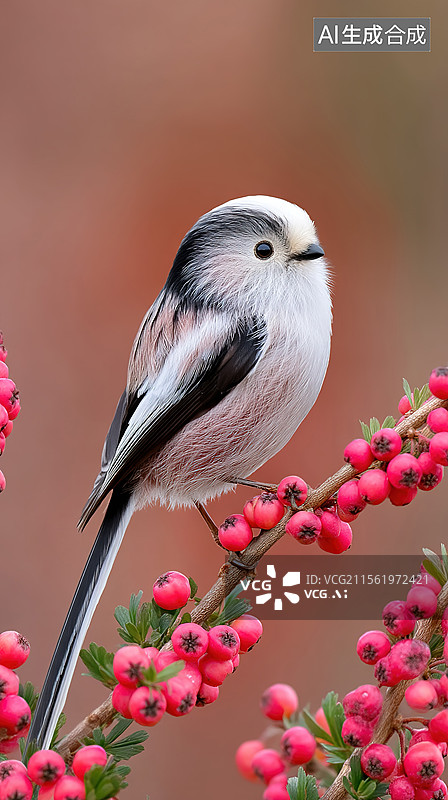 【AI数字艺术】春天春日长尾山雀创意背景与生动动物插画户外自然场景节气艺术壁纸展现自然环境中野生动物图片素材