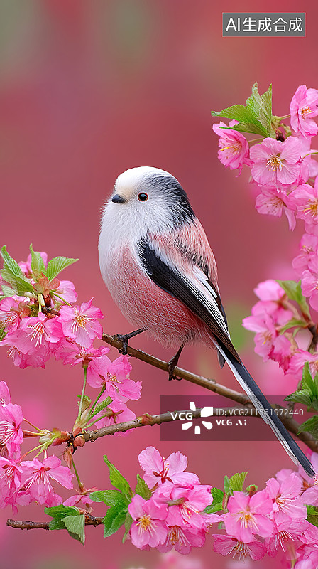 【AI数字艺术】春天春日长尾山雀创意背景与生动动物插画户外自然场景节气艺术壁纸展现自然环境中野生动物图片素材