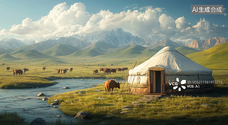 【AI数字艺术】草原河流旁的蒙古包与马群图片素材