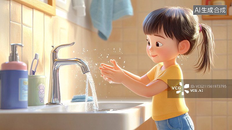 【AI数字艺术】女孩洗手温馨场景图片素材