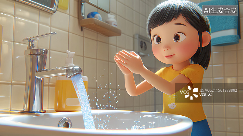 【AI数字艺术】女孩洗手温馨场景图片素材