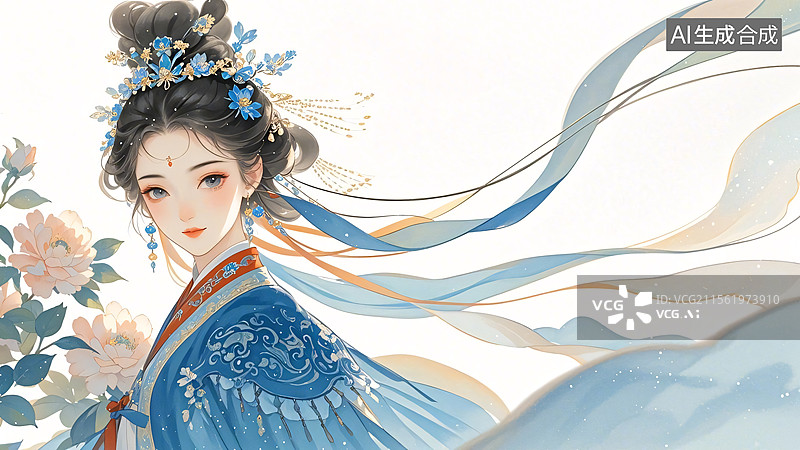 【AI数字艺术】蓝裳花影·古韵流芳图片素材