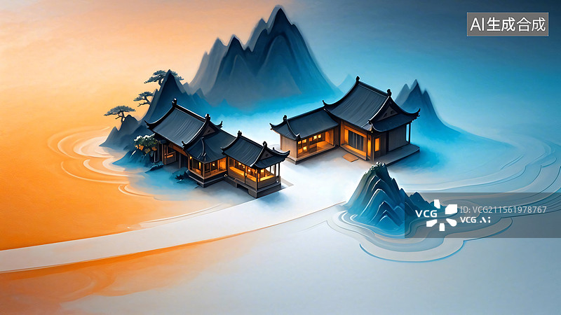 【AI数字艺术】山影仙阁图片素材