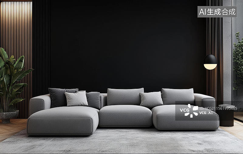 【AI数字艺术】现代极简风格客厅灰色沙发组合图片素材