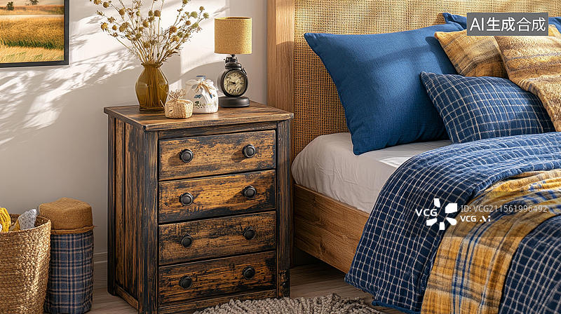 【AI数字艺术】温馨卧室场景中的原木色床头柜图片素材