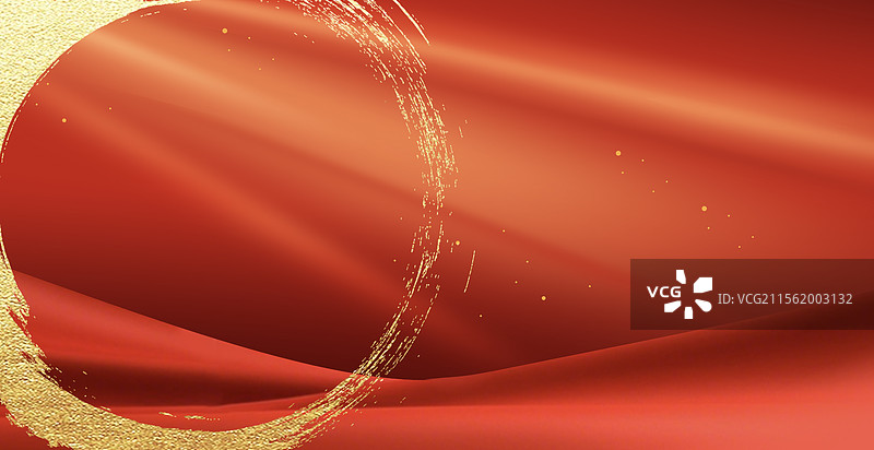 红色丝绸布料渐变空白背景金色圆形毛笔笔触图片素材
