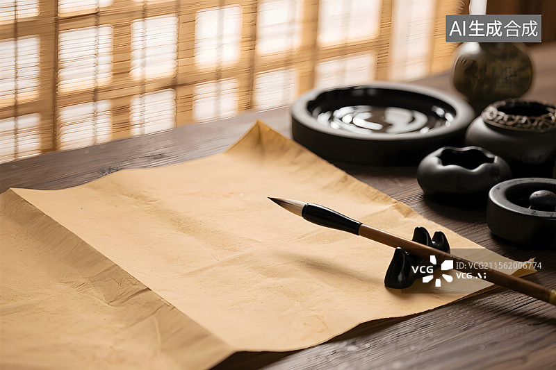 【AI数字艺术】窗前桌上摆放的空白宣纸和笔墨纸砚图片素材