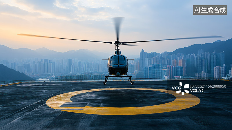 【AI数字艺术】城市日落直升机停机坪图片素材