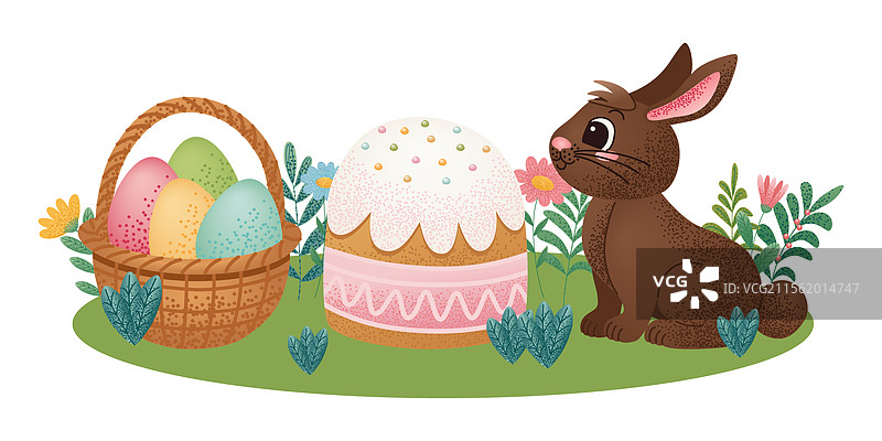 巧克力兔子坐在复活节蛋糕和一个篮子旁边图片素材