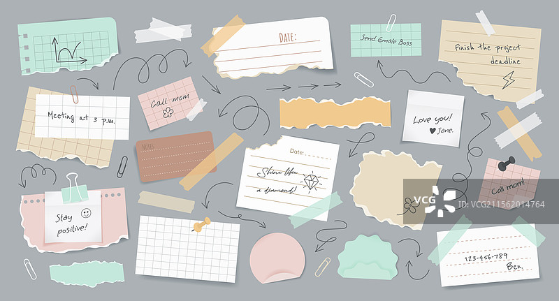 一组各种撕裂的纸条、便签、贴纸和胶带图片素材