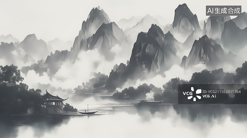 【AI数字艺术】中国风水墨意境山水画图片素材