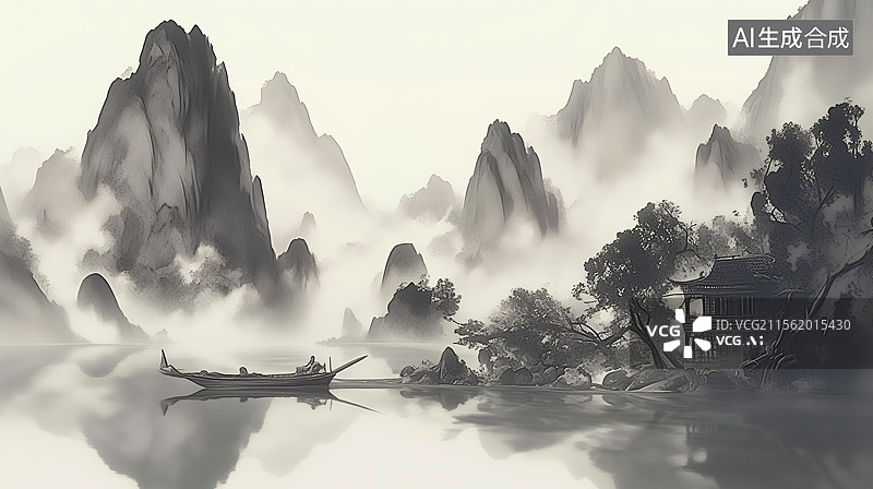 【AI数字艺术】中国风水墨意境山水画图片素材