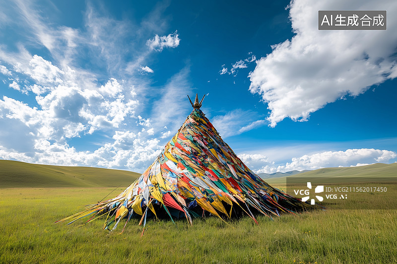 【AI数字艺术】高山草地上的经幡图片素材