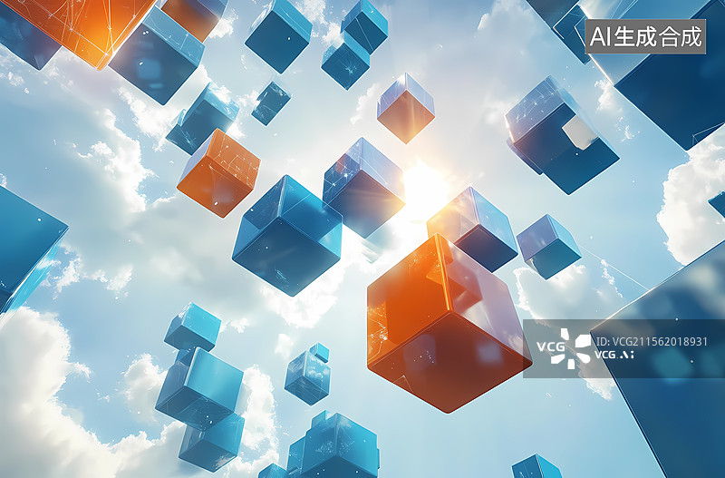 【AI数字艺术】空中漂浮的几何立方体图片素材