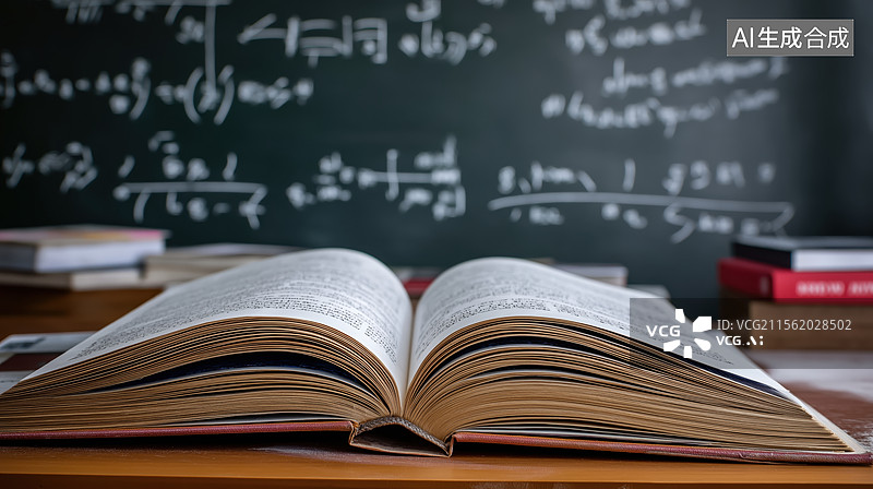 【AI数字艺术】打开的书本与黑板上的数学公式图片素材