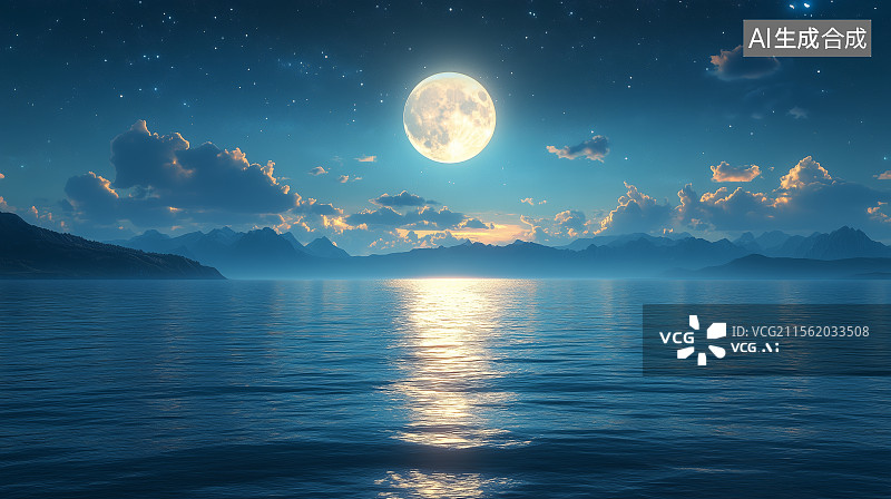 【AI数字艺术】满月映照在宁静的湖面上图片素材