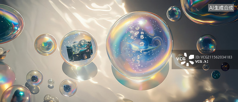【AI数字艺术】彩色泡泡中的相机反射图片素材