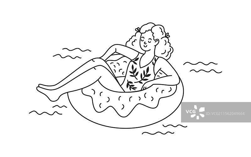 女孩在充气浮筒上放松图片素材