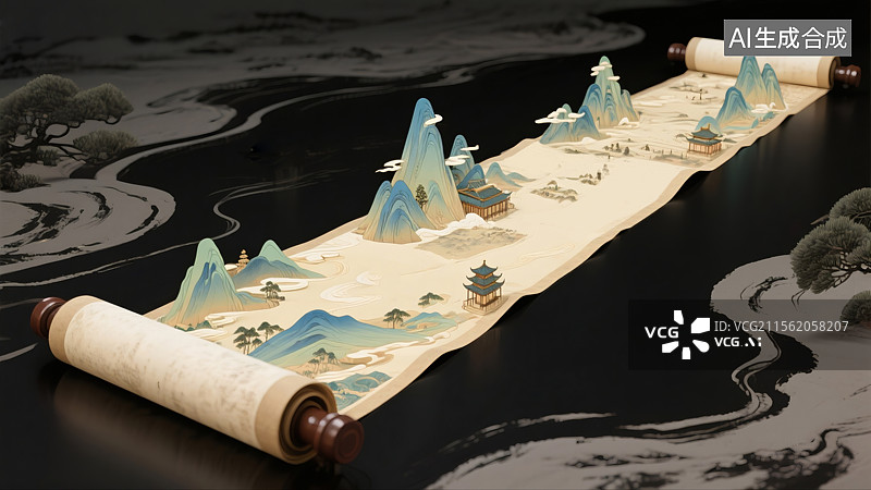 【AI数字艺术】展开的卷轴上有山宫殿插画图片素材
