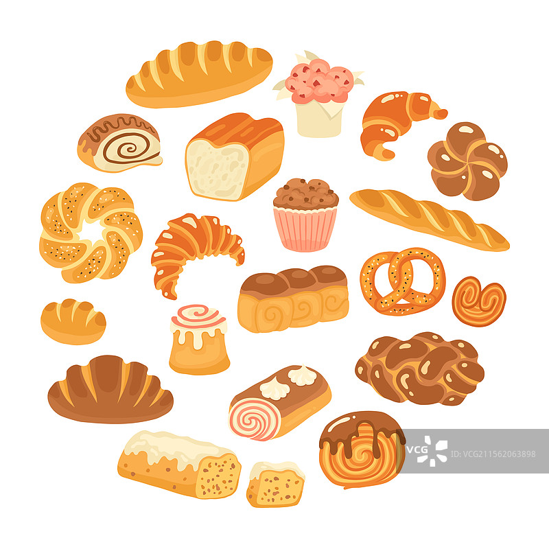 面包糕点烘焙卡通绘制套装，包括长条面包和小圆面包图片素材