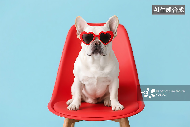 【AI数字艺术】带墨镜的柯基犬坐在红色的凳子上 狗 爱心形墨镜 清新 可爱 广告素材 时尚图片素材