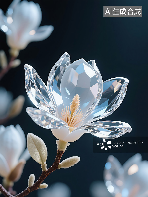 【AI数字艺术】水晶质感玉兰花图片素材
