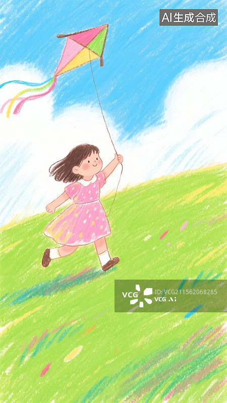 【AI数字艺术】女孩在草地上放风筝插画图片素材