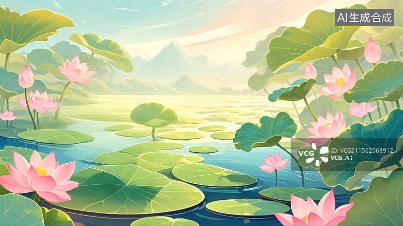 【AI数字艺术】荷花池塘国风插画图片素材