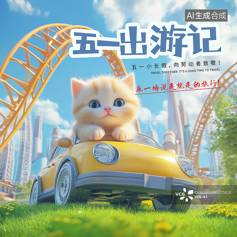【AI数字艺术】五一劳动节旅游海报模版 欢乐的游乐场背景3D渲染，过山车场景，开小汽车坐过山车的猫图片素材