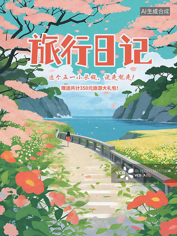 【AI数字艺术】五一劳动节旅行日记插画海报模版 热带海岛风光 夏日度假沙滩 暑假在海边、沙滩、树和夏天旅游插画 竖版图片素材