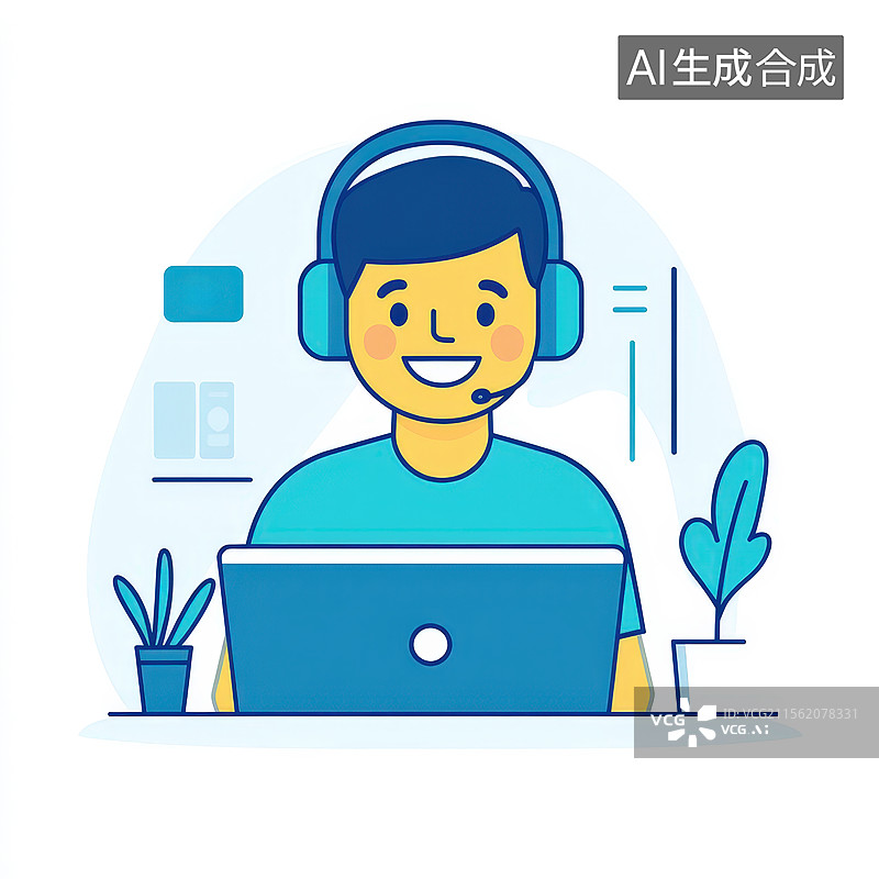 【AI数字艺术】正在用笔记本手提电脑戴着耳麦耳机的卡通客服人员图片素材