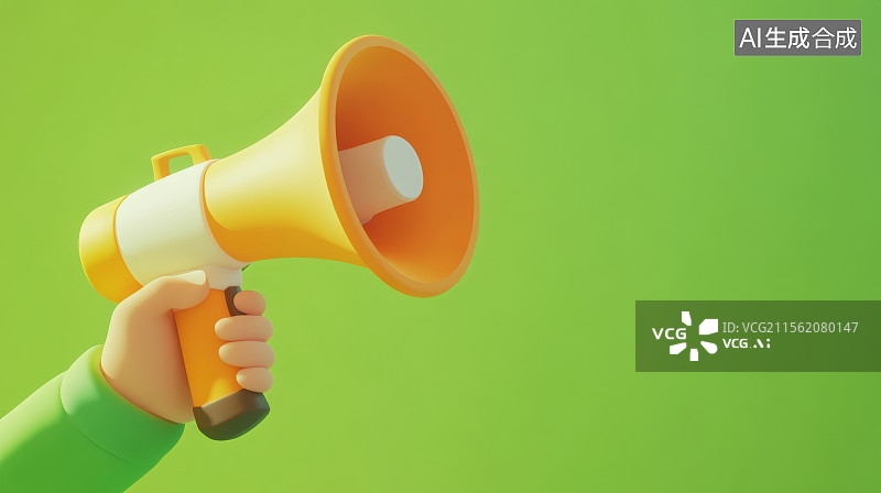 【AI数字艺术】纯色背景下一只卡通手拿着小型扩音喇叭，宣传广告通知宣传电商打折促销活动概念图片素材