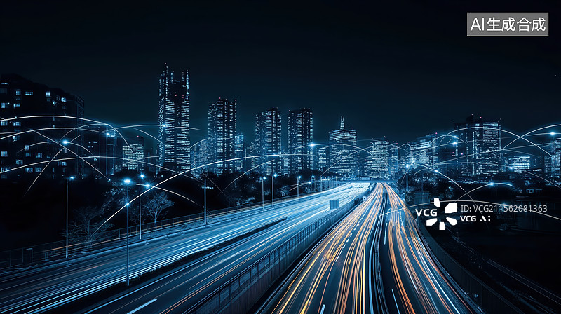 【AI数字艺术】城市夜景中的高速公路与网络连接图片素材