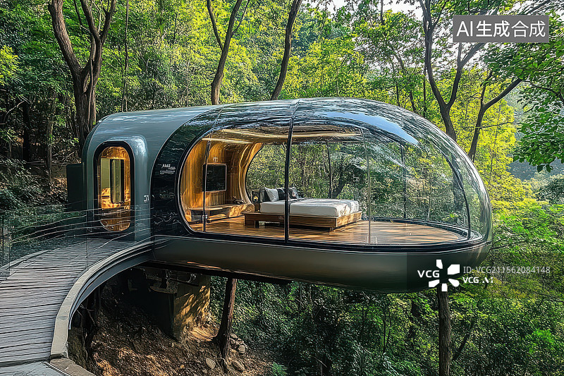 【AI数字艺术】森林城市胶囊居住房子图片素材