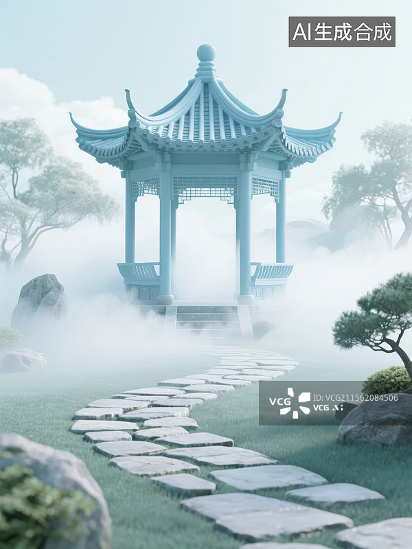 【AI数字艺术】云雾缭绕的3D中式园林中的亭子图片素材