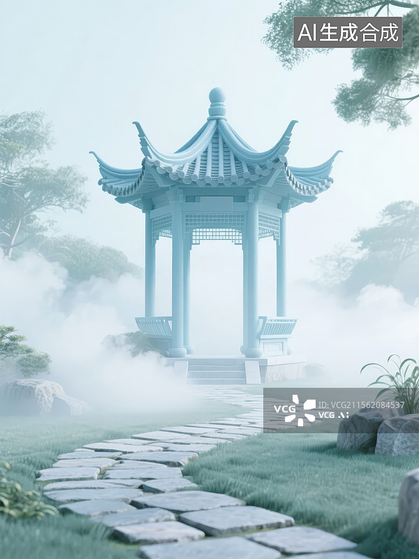 【AI数字艺术】云雾缭绕的3D中式园林中的亭子图片素材