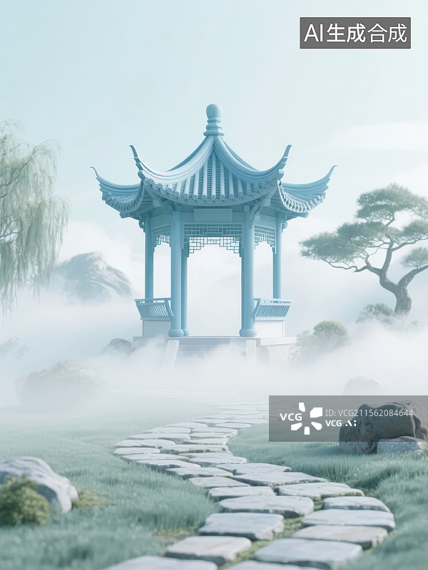 【AI数字艺术】云雾缭绕的3D中式园林中的亭子图片素材
