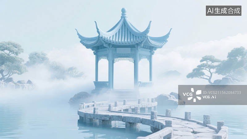 【AI数字艺术】云雾缭绕的3D中式园林湖泊中的亭子图片素材
