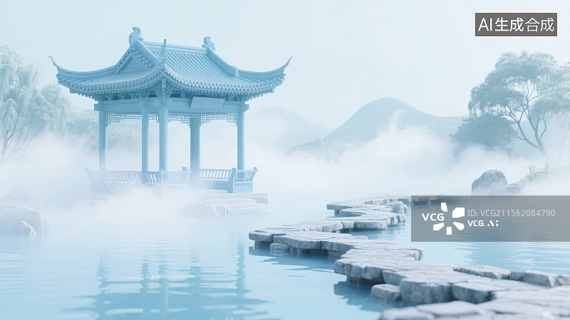 【AI数字艺术】云雾缭绕的3D中式园林湖泊中的亭子图片素材