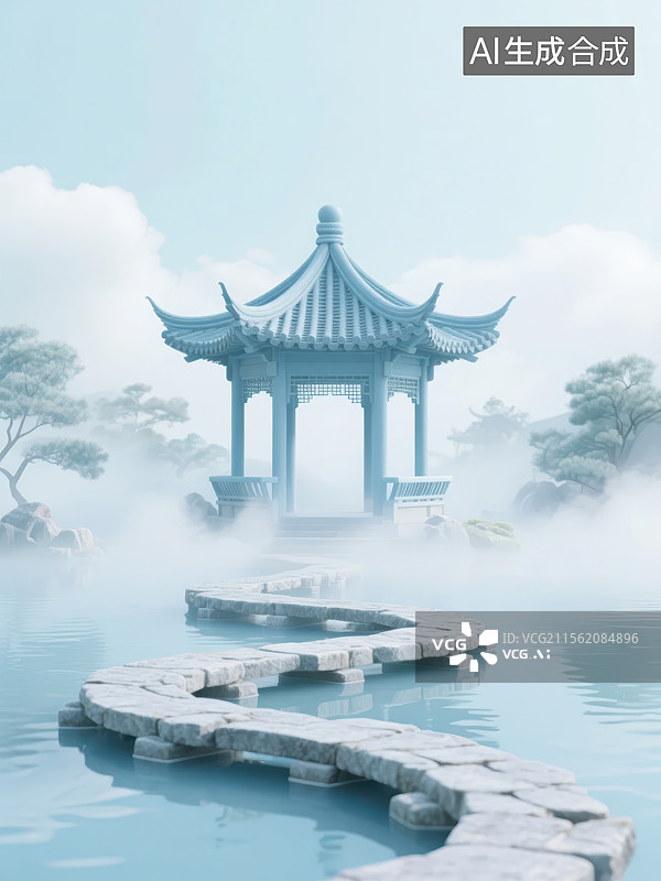 【AI数字艺术】云雾缭绕的3D中式园林湖泊中的亭子图片素材