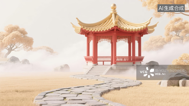 【AI数字艺术】云雾缭绕的3D中式园林中的亭子图片素材