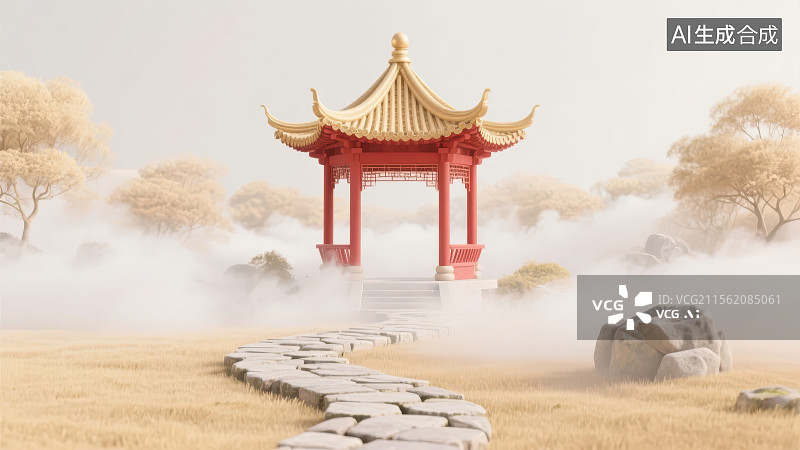【AI数字艺术】云雾缭绕的3D中式园林中的亭子图片素材