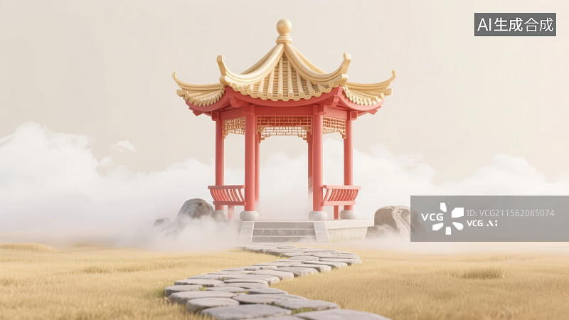 【AI数字艺术】云雾缭绕的3D中式园林中的亭子图片素材