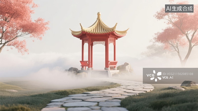 【AI数字艺术】云雾缭绕的3D中式园林中的亭子图片素材