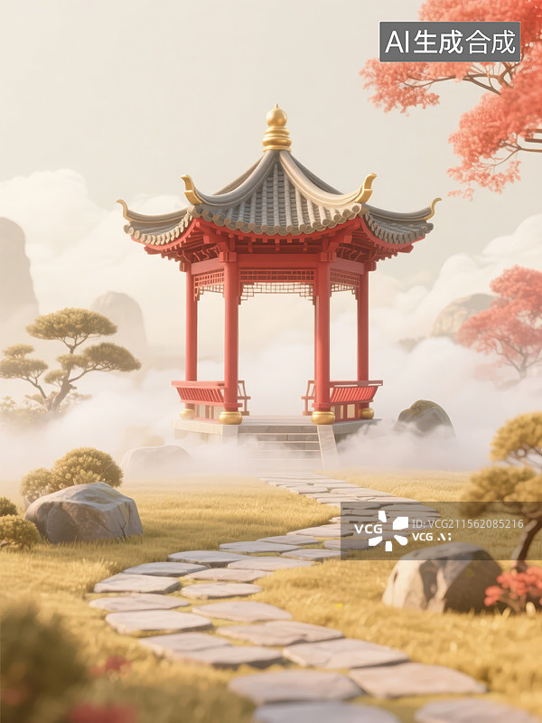 【AI数字艺术】云雾缭绕的3D中式园林中的亭子图片素材